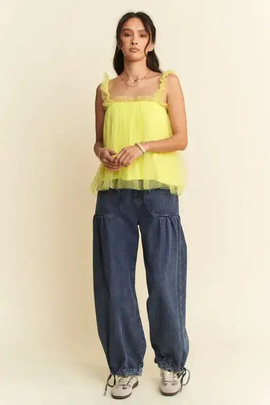 Davi & Dani Shirred Ruffle Strap Tulle Babydoll Top - Clothes For Her Online Store