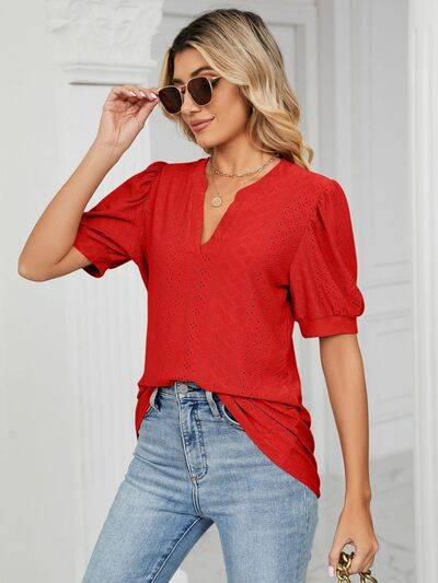 Florira Eyelet Notched Short Sleeve T-Shirt