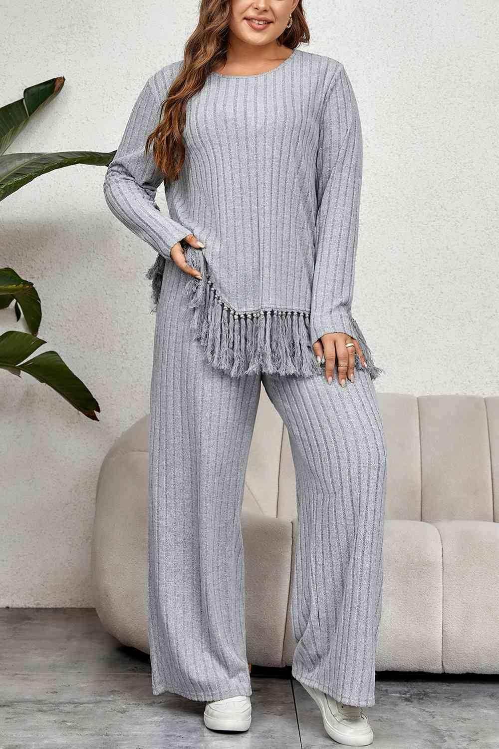 Honey Plus Size Tassel Hem Top and Pants Set - Clothes For Her Online Store