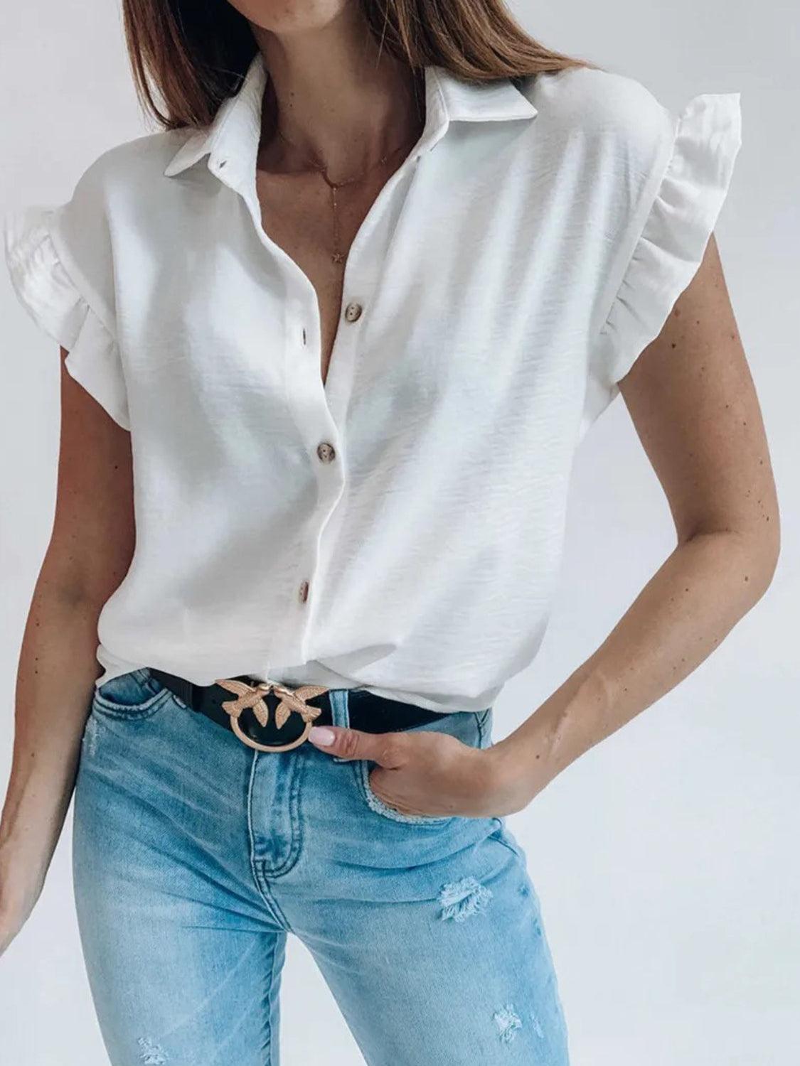 Ruffled Collared Neck Cap Sleeve Shirt