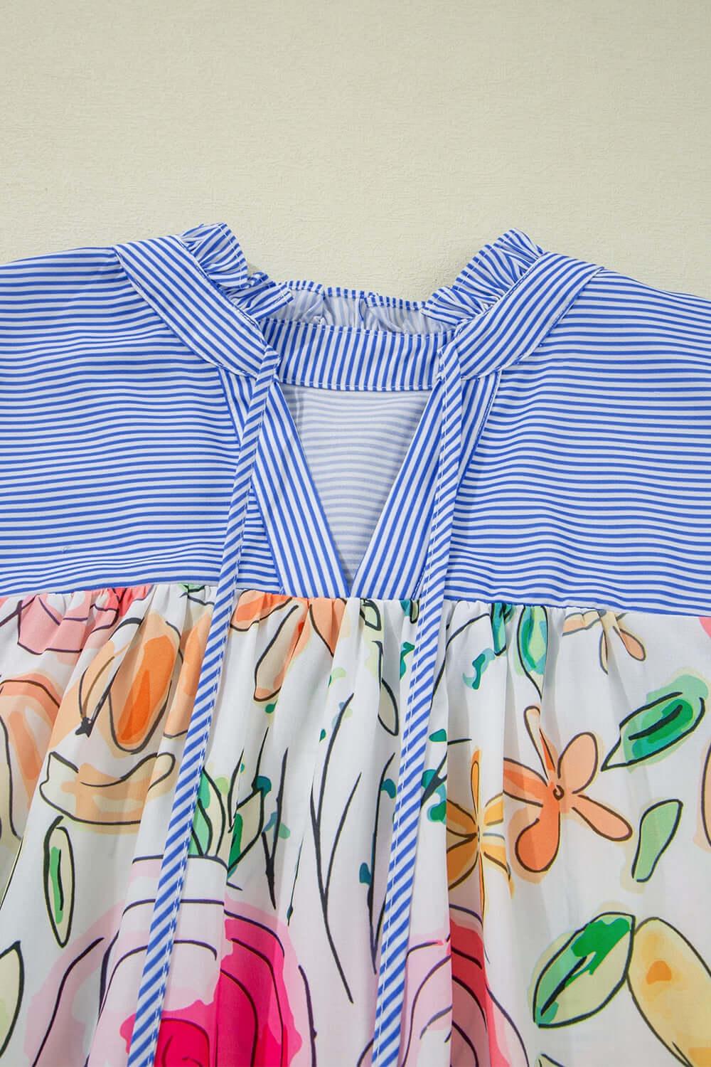 Floral Striped Yoke Frilled Tie Neck Puff Short Sleeve Blouse