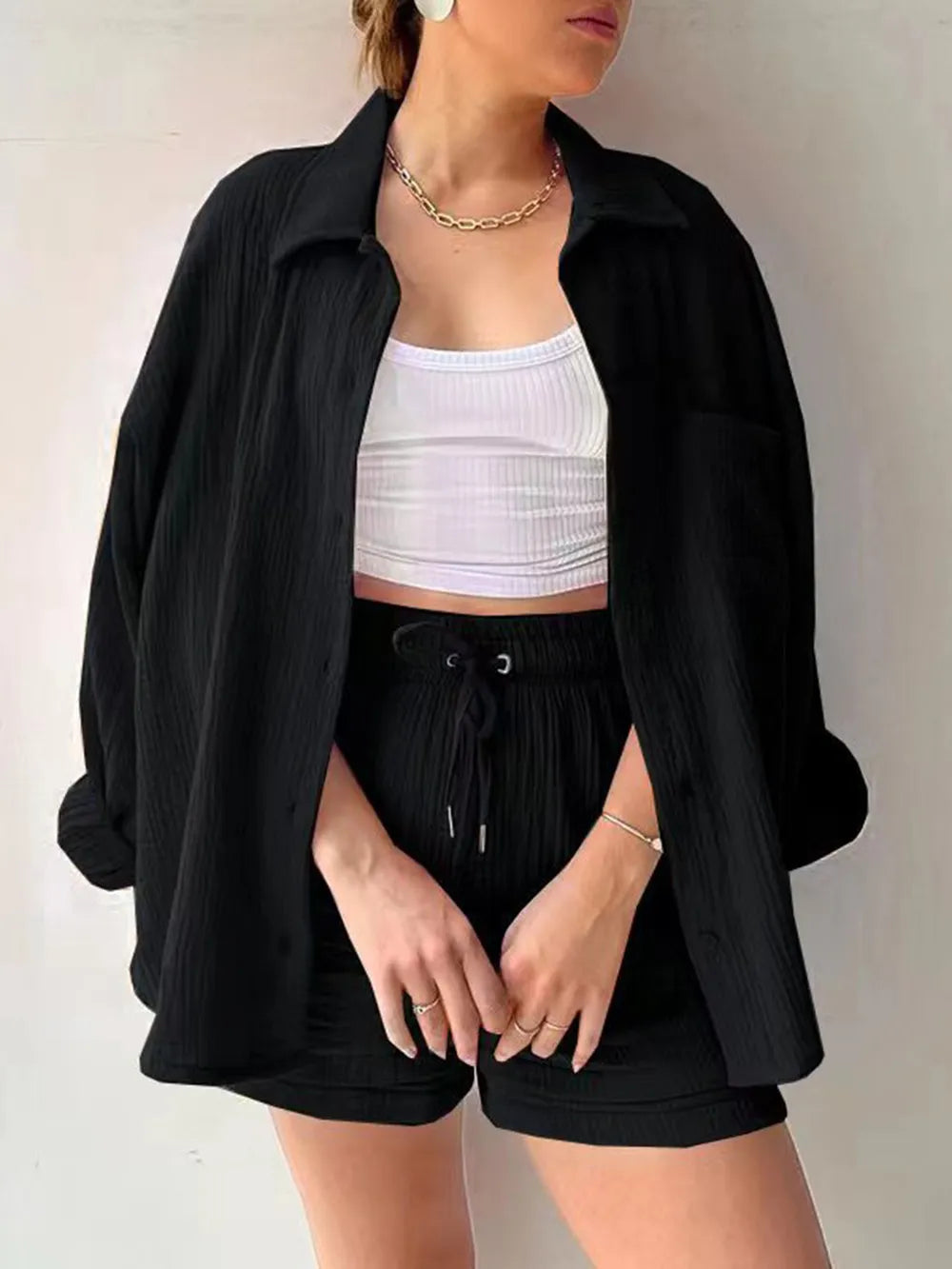 Texture Button Up Shirt and Drawstring Shorts Set - Clothes For Her Online Store