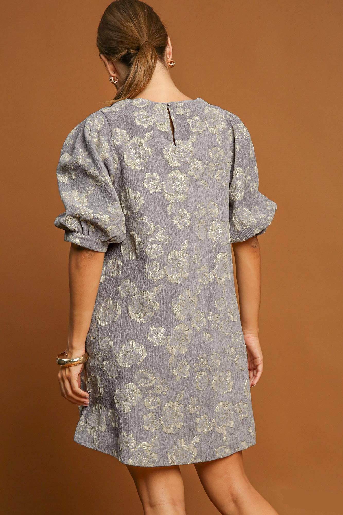 Umgee Floral Jacquard Puff Sleeve Mini Dress - Clothes For Her Online Store