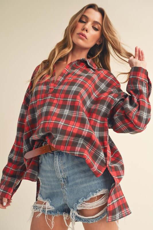 Aemi + Co Side Slit High-Low Plaid Long Sleeve Polo Shirt