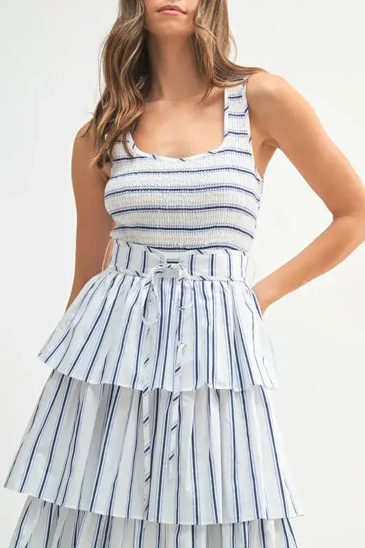 MABLE Pin Stripe Smocked Bodice Layered Midi Dress - Clothes For Her Online Store