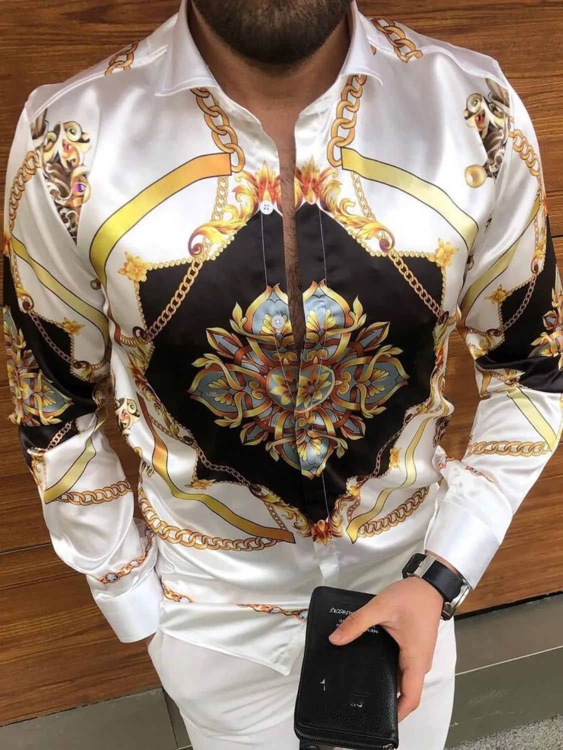 Men's Full Size Printed Collared Neck Long Sleeve Shirt Plus Size