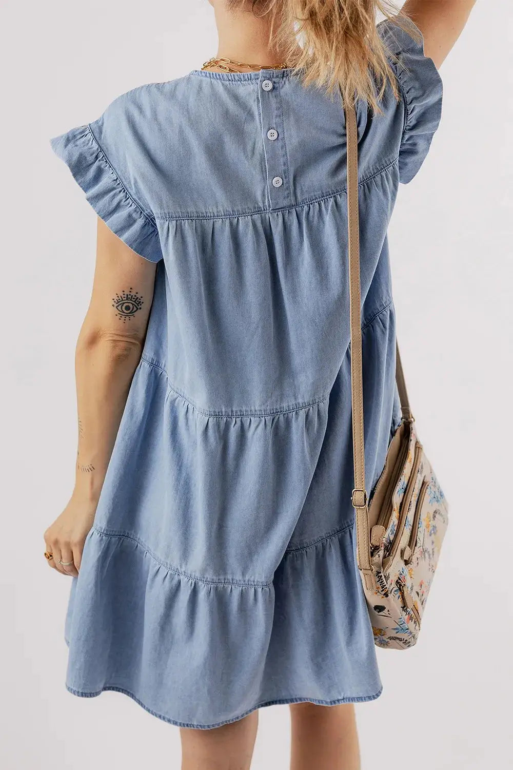 Ruffle Cap Sleeve Tiered A-line Denim Dress - Clothes For Her Online Store