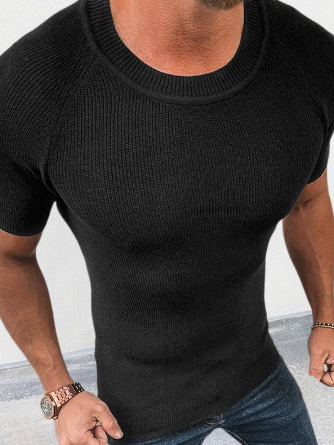 Men's Round Neck Short Sleeve Ribbed Knit T-Shirt