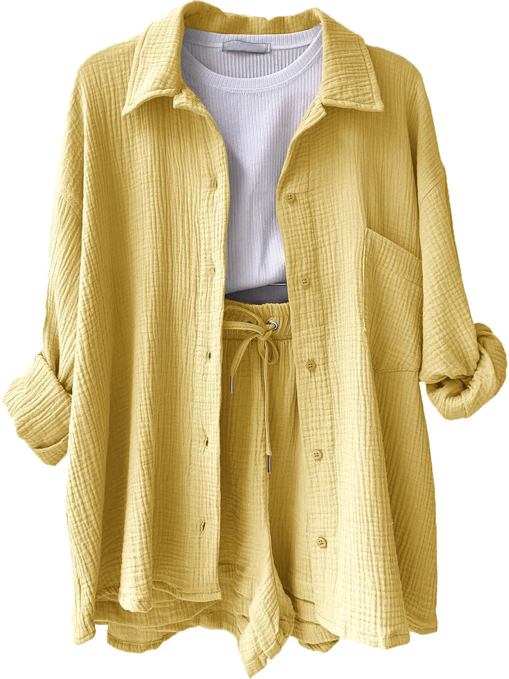 Texture Button Up Shirt and Drawstring Shorts Set - Clothes For Her Online Store