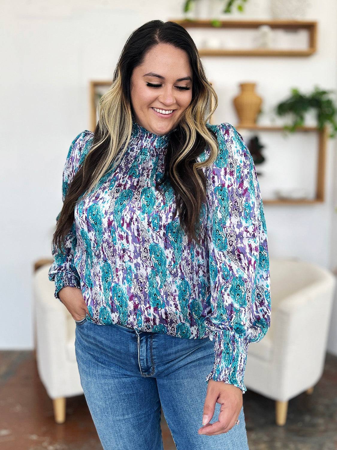 Double Take Full Size Printed Smocked Long Sleeve Blouse - Clothes For Her Online Store