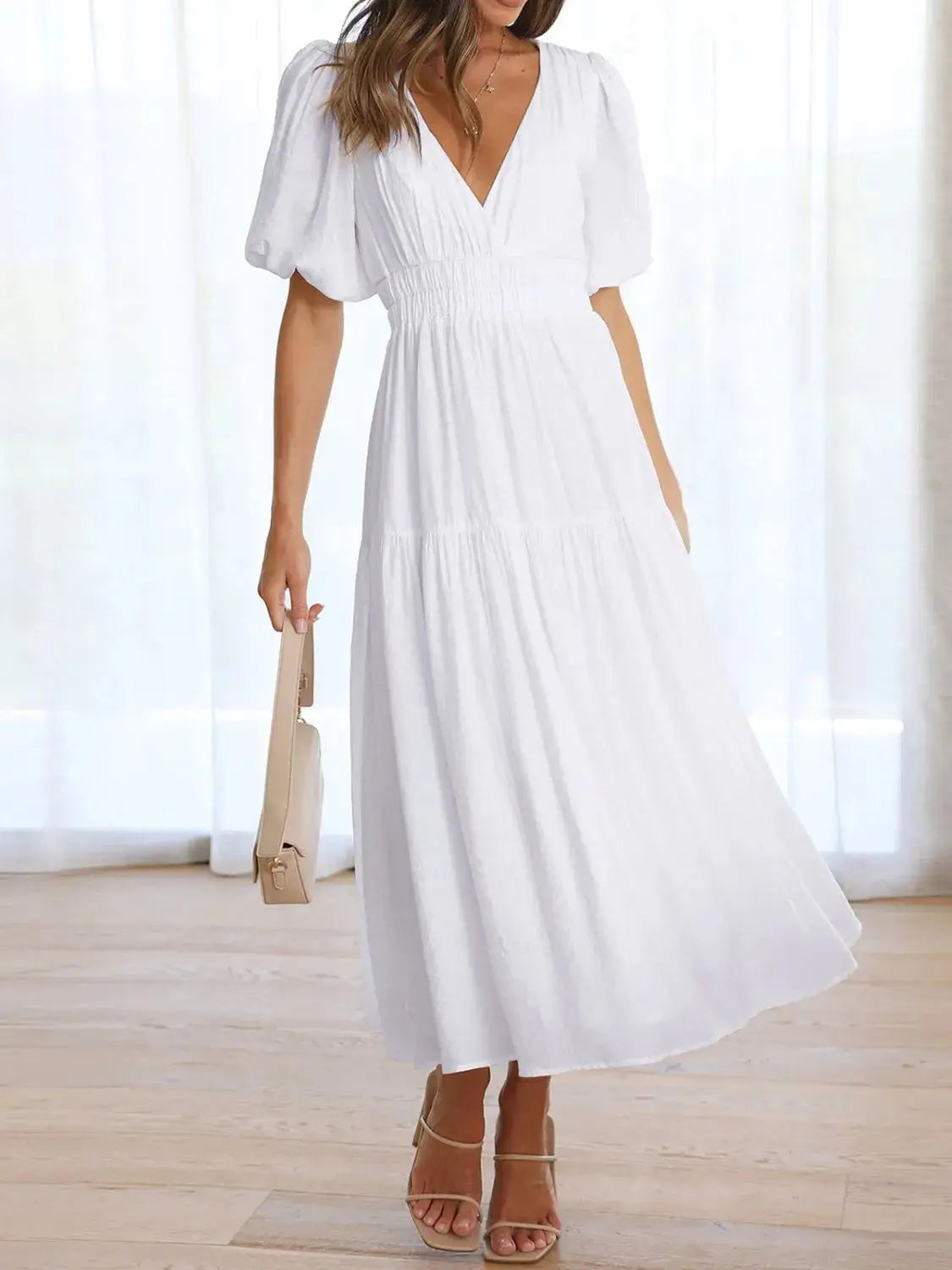 V-Neck Puff Sleeve Midi Dress - Clothes For Her Online Store