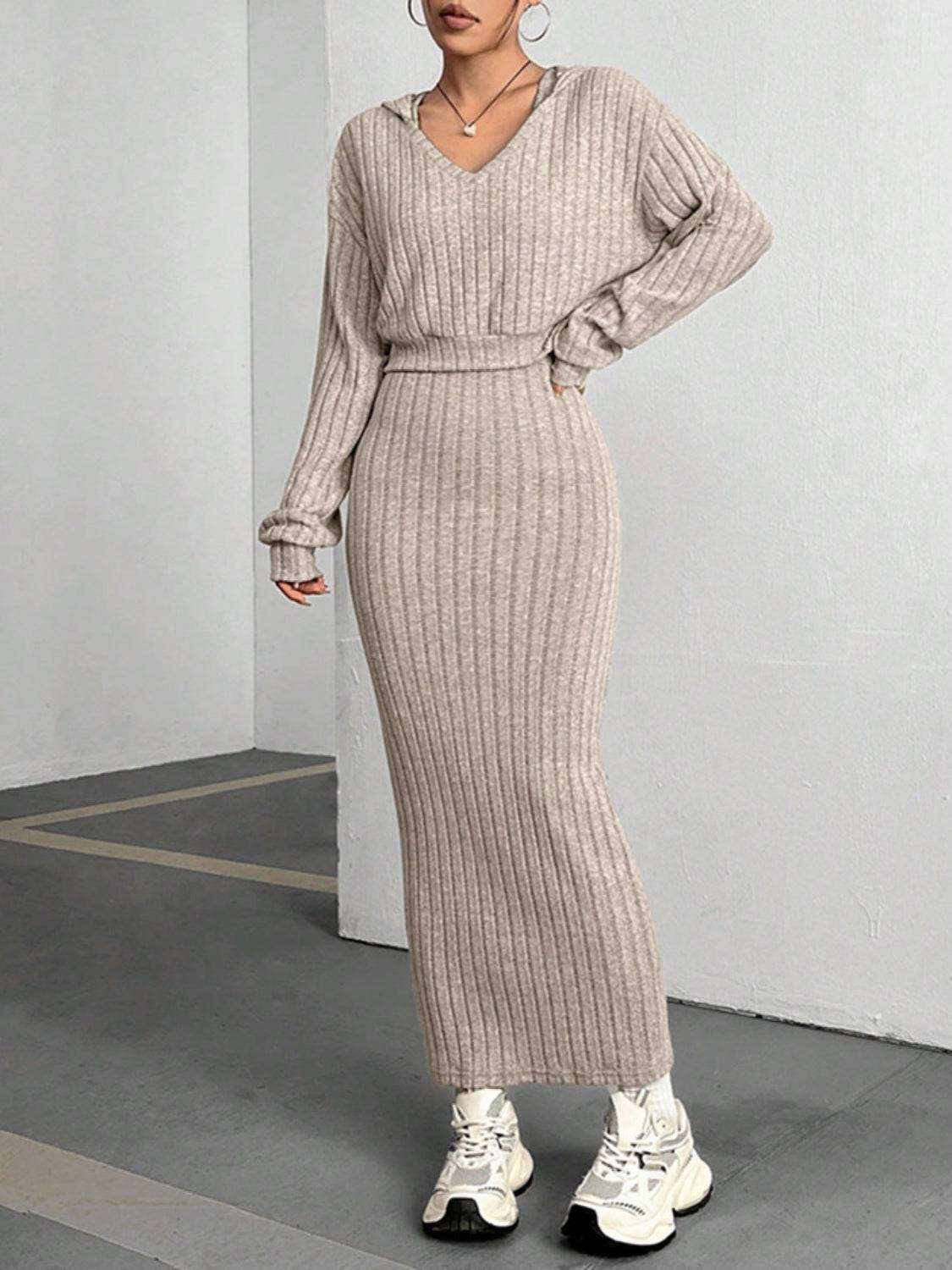 Ribbed Cropped Hooded Top and V-Neck Tank Dress Set - Clothes For Her Online Store