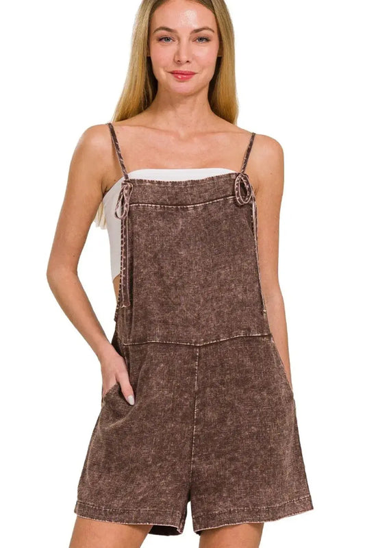 Zenana Washed Linen Knot Strap Rompers - Clothes For Her Online Store