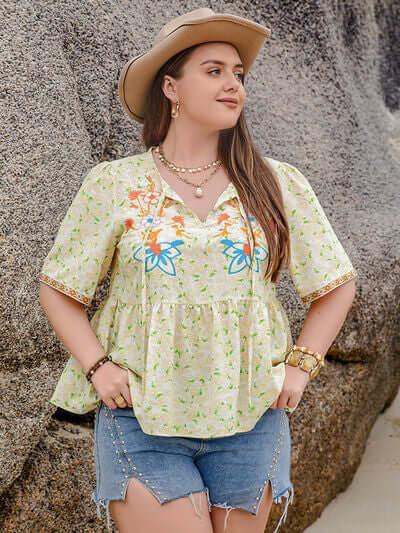 Plus Size Printed Tie Neck Half Sleeve Blouse - Clothes For Her Online Store