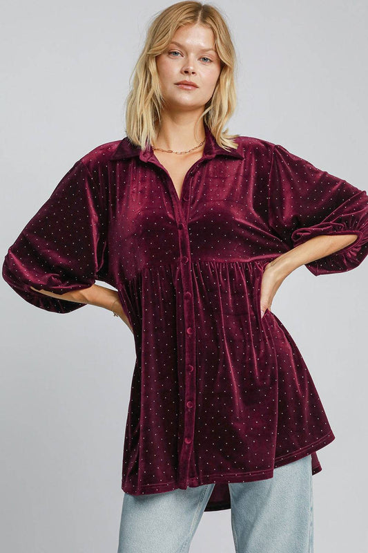 Umgee Full Size Polka Dot Button Up Half Sleeve Shirt - Clothes For Her Online Store