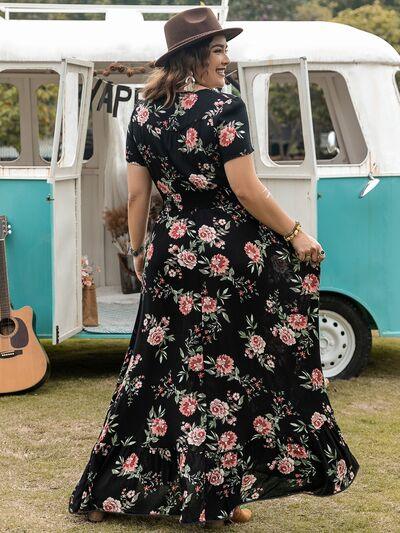 Plus Size Button Detail Printed V-Neck Short Sleeve Maxi Dress - Clothes For Her Online Store