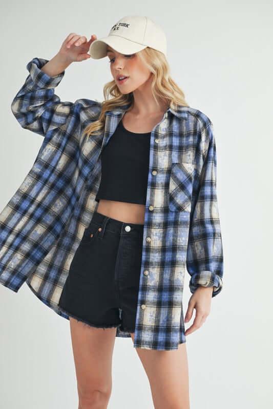 Aemi + Co Washed Plaid Button Up Raglan Sleeve Flannel Shirt