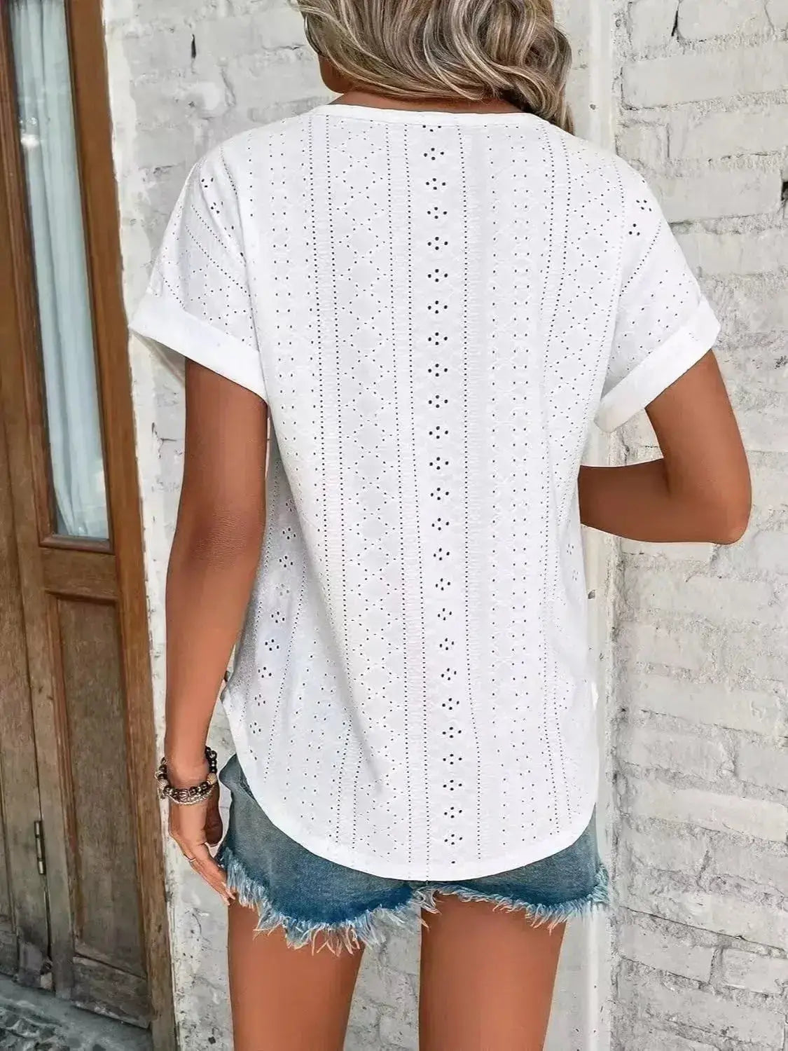 Eyelet Round Neck Short Sleeve T-Shirt - Clothes For Her Online Store