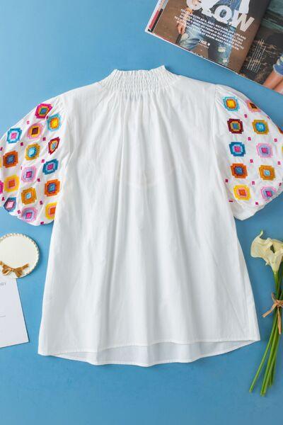 Smocked Neck Embroidered Puff Sleeve Top