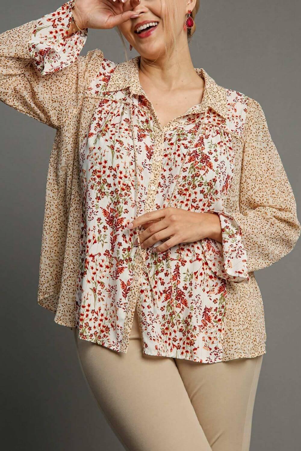 Umgee Full Size Mixed Print Metallic Detail Long Ruffle Sleeve Button Down Shirt Plus Size