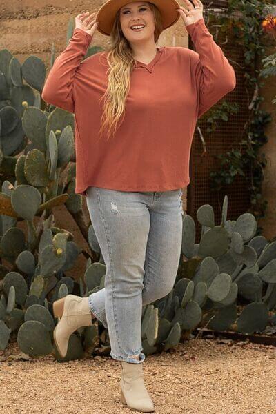 Plus Size Notched Long Sleeve T-Shirt - Clothes For Her Online Store