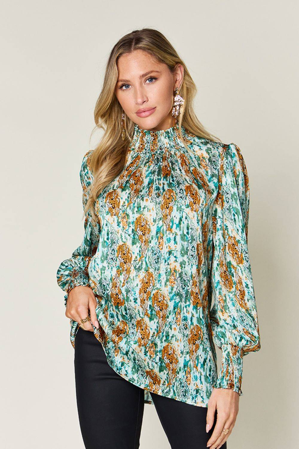 Double Take Full Size Printed Smocked Long Sleeve Blouse - Clothes For Her Online Store