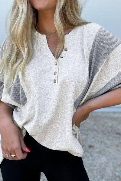 Two Tone Contrast Waffle Knit Patched Buttoned V Neck Top