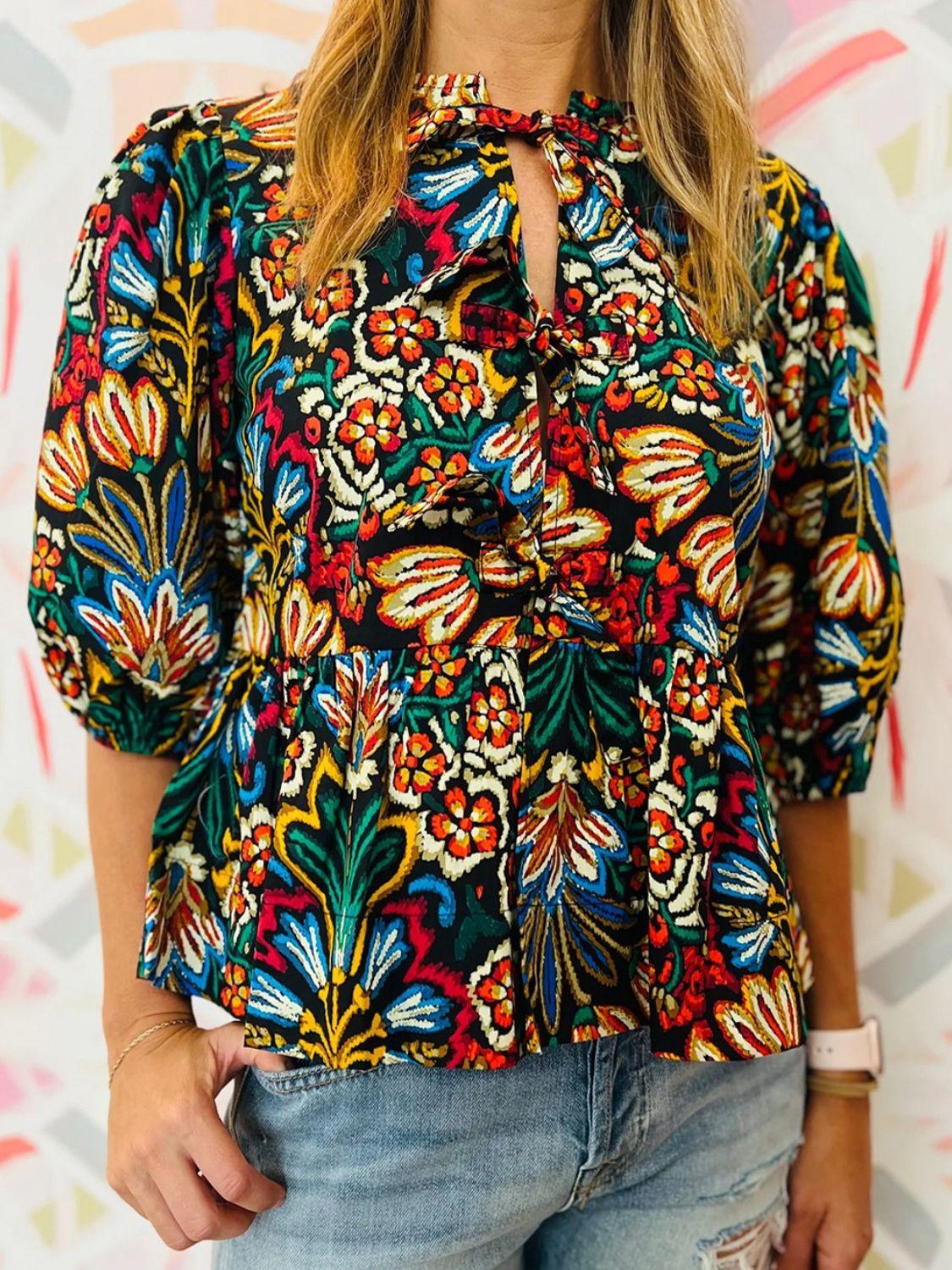 Tropical Print Puff Sleeve Knot Front Blouse