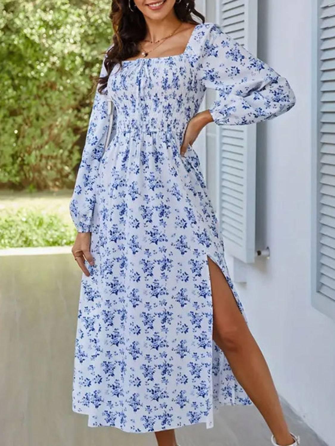 Slit Smocked Floral Square Neck Balloon Sleeve Midi Dress