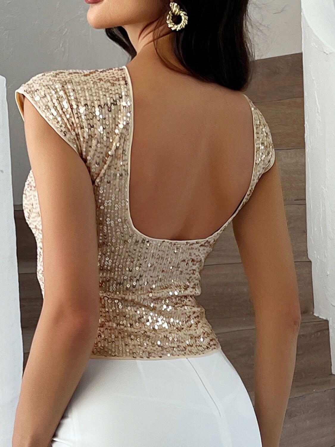 Devine Sequin Round Neck Backless T-Shirt