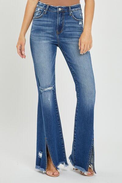 RISEN Full Size High Rise Front Slit Frayed Hem Flare Jeans - Clothes For Her Online Store
