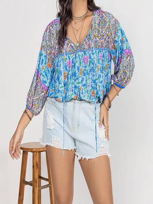Plus Size Printed Tie Neck Balloon Sleeve Blouse - Clothes For Her Online Store