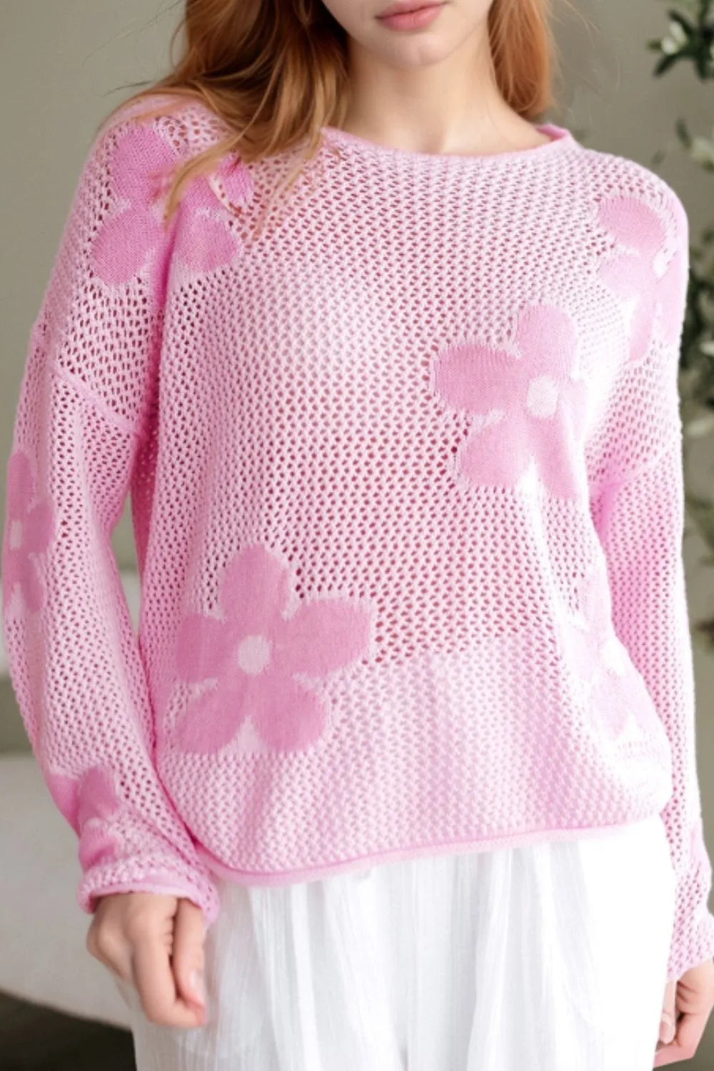 Openwork Round Neck Floral Knit Cover Up