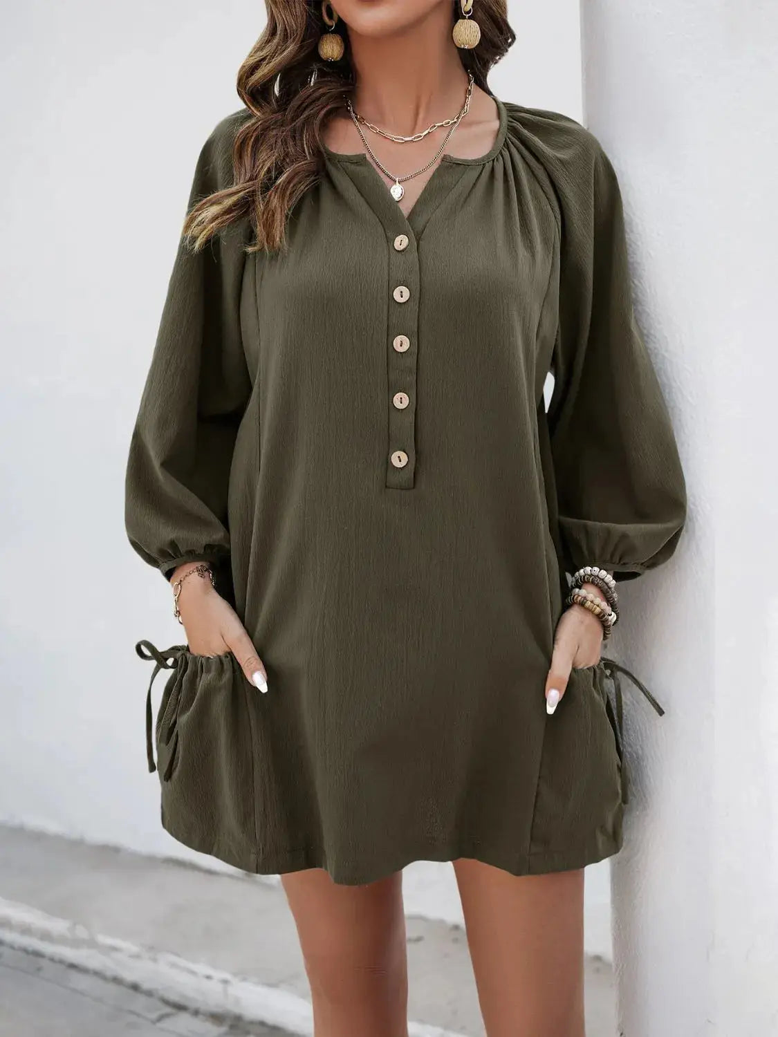 Button Front Balloon Sleeve Dress - Clothes For Her Online Store