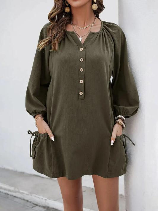 Button Front Balloon Sleeve Dress - Clothes For Her Online Store
