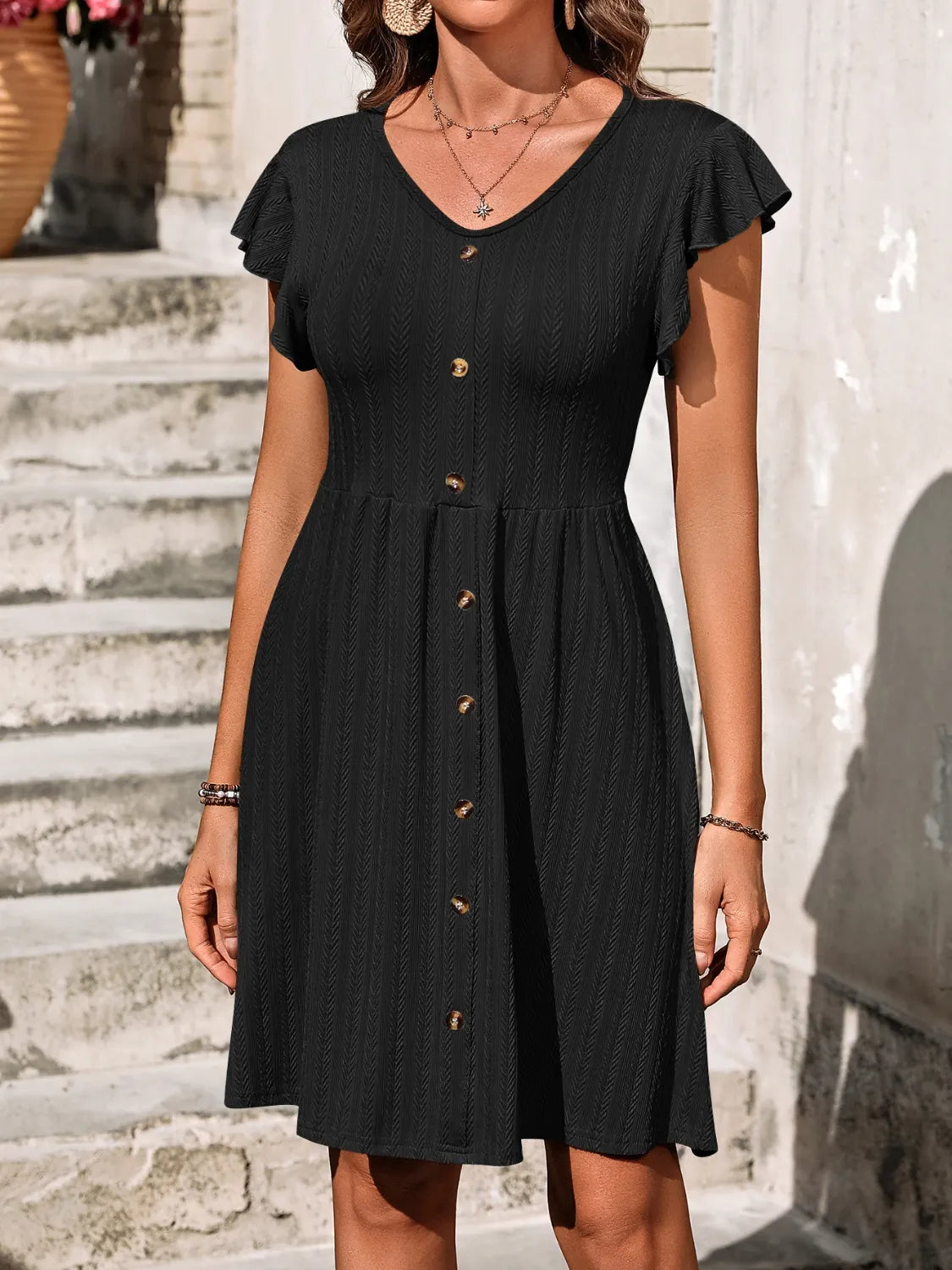 V-Neck Ruffled Cap Sleeve Dress