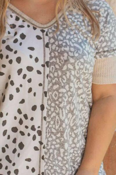 Plus Size Leopard V-Neck Short Sleeve T-Shirt - Clothes For Her Online Store