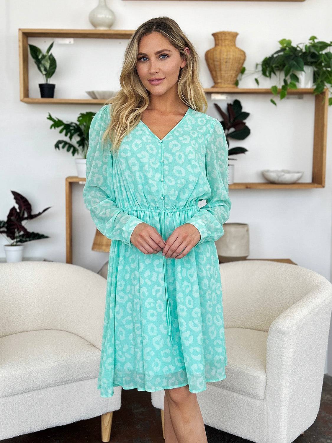 Double Take Full Size Printed Ruched V-Neck Long Sleeve Dress - Clothes For Her Online Store