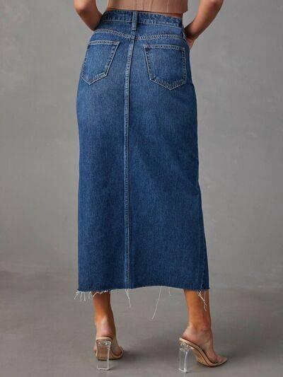 Raw Hem Front Slit Denim Midi Skirt