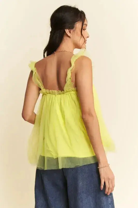 Davi & Dani Shirred Ruffle Strap Tulle Babydoll Top - Clothes For Her Online Store