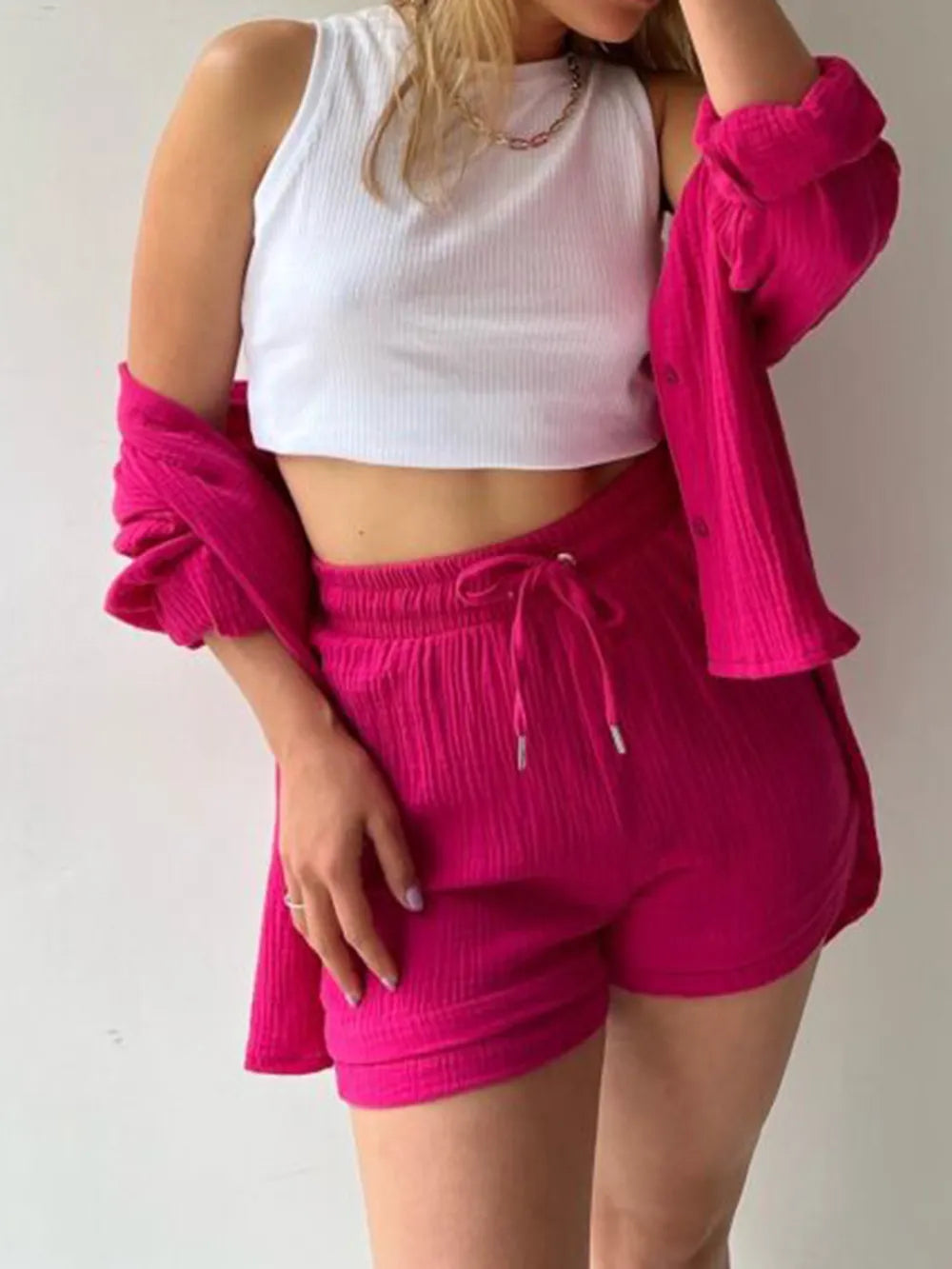Texture Button Up Shirt and Drawstring Shorts Set - Clothes For Her Online Store