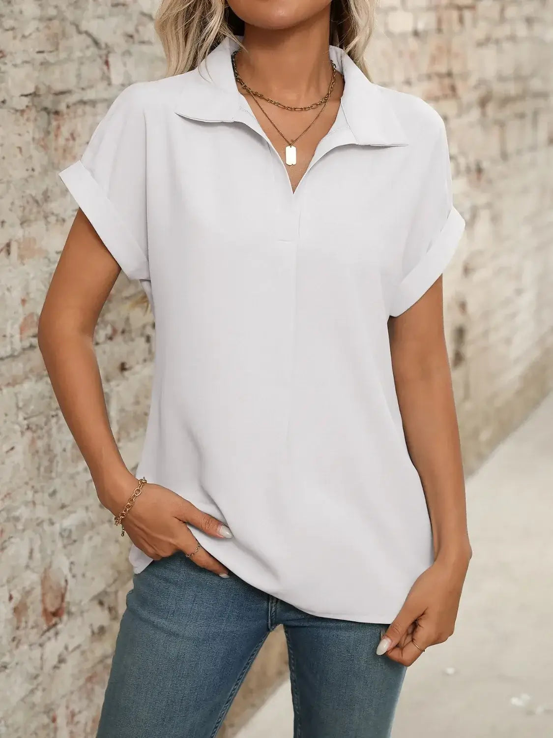 Collared Neck Short Sleeve Blouse