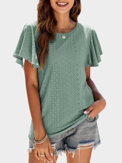 Mandy Eyelet Round Neck Flutter Sleeve Top