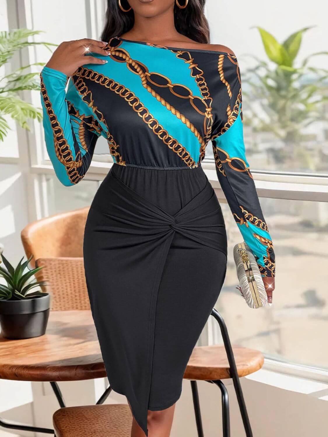 Perfee Twisted Printed Long Sleeve Dress