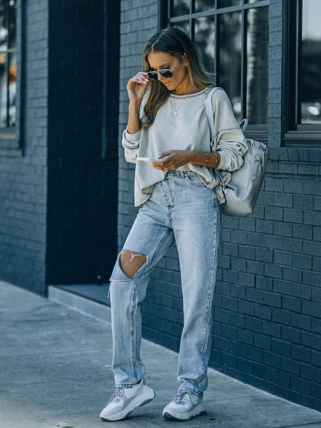 Distressed Asymmetric Waist Jeans - Clothes For Her Online Store