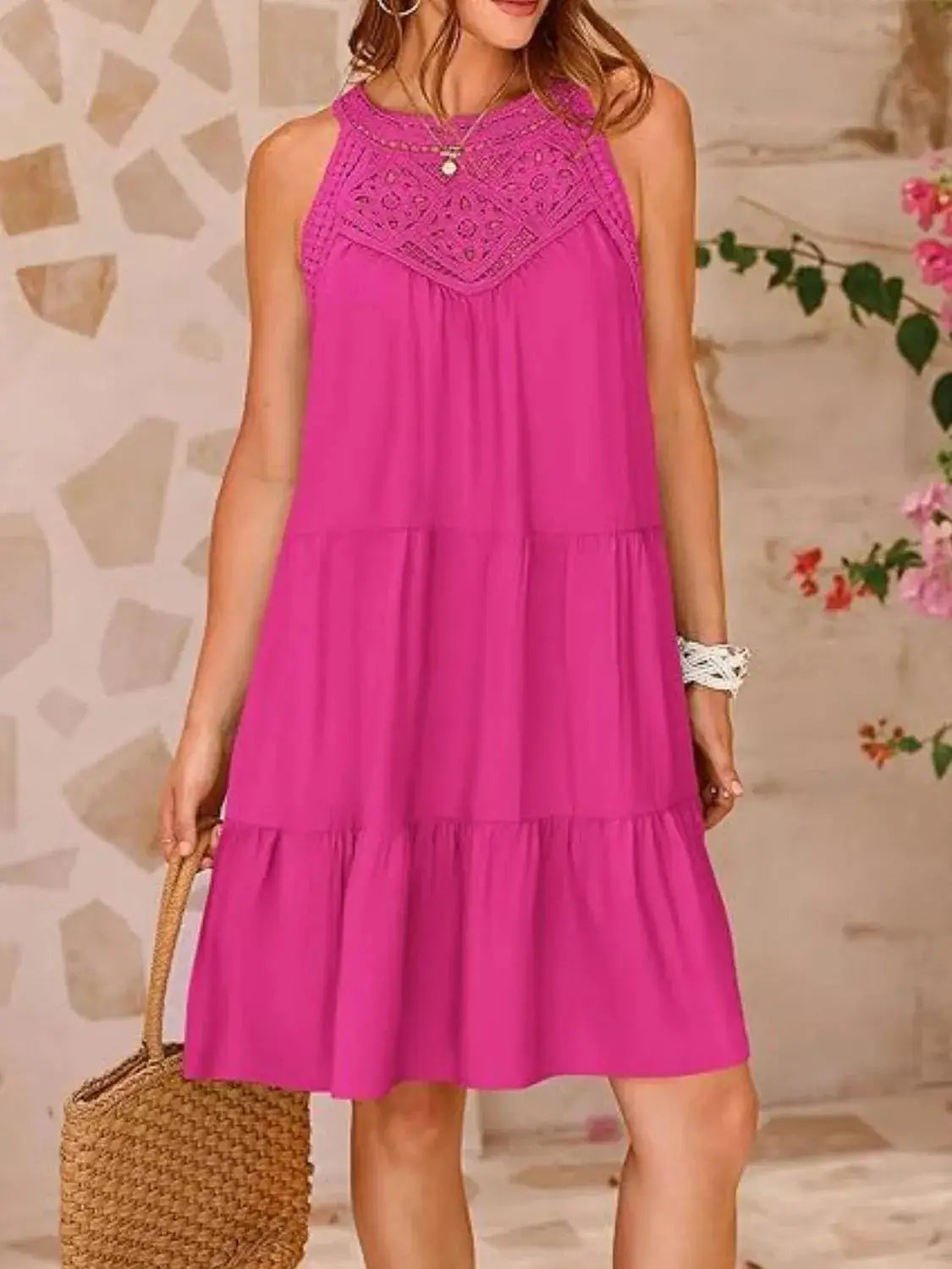 Ruffled Hem Lace Sleeveless Dress - Clothes For Her Online Store