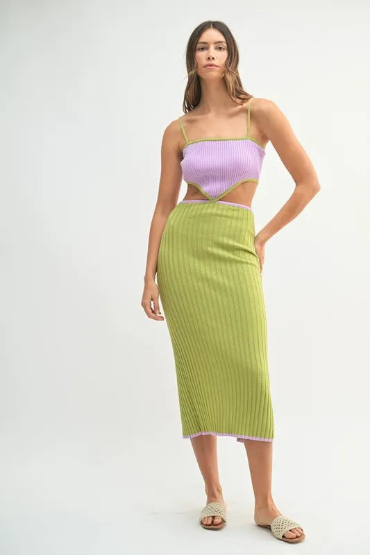 MABLE Ribbed Knit Color Block Cutout Midi Dress