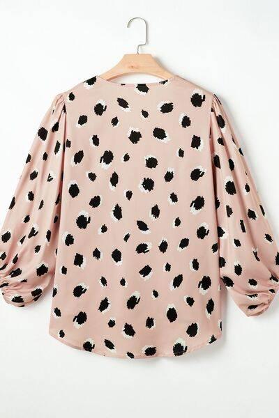 Contrast Animal Print V-Neck Long Sleeve Blouse