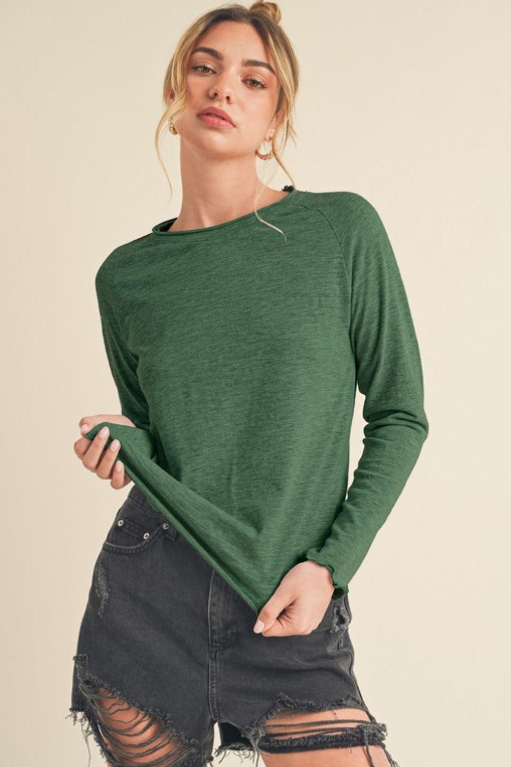 Aemi + Co Lettuce Hemline Round Neck Raglan Sleeve T-Shirt