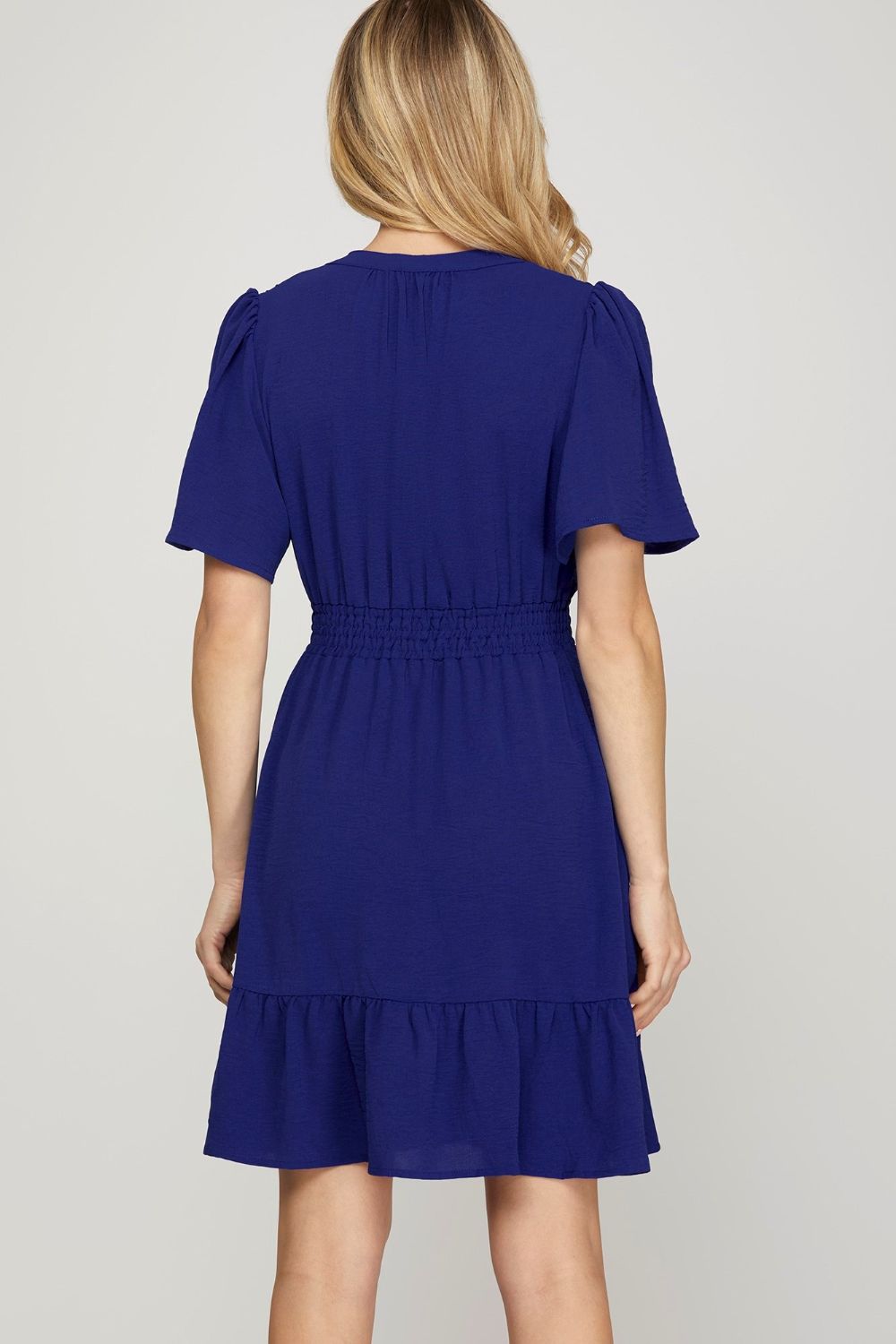 She + Sky Ruffled Hem Notched Flutter Sleeve Mini Dress - Clothes For Her Online Store